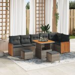 Ensemble de canap� de jardin 9 pi�ces avec coussins gris poly rattan acacia, sofa de jardin 2 places ...