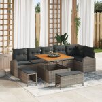 Ensemble de canap� de jardin de 9 pi�ces avec coussins gris rattan poly acacia, canap� de jardin 2 places ...