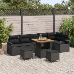 Ensemble de canap�s de jardin de 9 pi�ces avec coussins noir rotin poly acacia, canap� de jardin de 2 ...