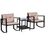 Ensemble de jardin 3 pi�ces style colonial 2 fauteuils a bascule avec coussins marron table basse etag�re ...