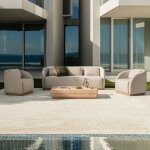 Ensemble de jardin avec canap� 3 places, 2 fauteuils et table basse rectangulaire 130x75 cm en bois d'acacia ...