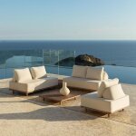 Ensemble de jardin avec canap� d'angle modulable 2 pi�ces avec table d'appoint, fauteuil et table basse ...