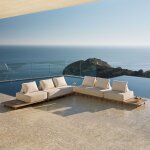 Ensemble de jardin avec canap� d'angle modulaire 4 pi�ces avec table d'appoint en acacia portet blanc ...