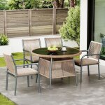 Ensemble de jardin moderne en rotin � table ronde en verre et 4 fauteuils accoudoirs - structure en fer ...