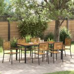 Ensemble de salle a manger de jardin 7 pi�ces en poly rattan noir acacia, chaises de jardin empilables ...