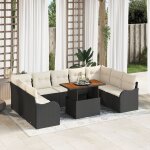 Ensemble de salon de jardin de 10 pi�ces avec coussins noir poly rattan acacia, sofa de jardin 2 places ...