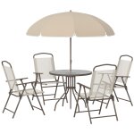 Ensemble salon de jardin 6 pcs - table ronde + 4 chaises pliables + parasol - acier ?poxy caf? textil?ne ...