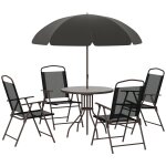 Ensemble salon de jardin 6 pcs - table ronde + 4 chaises pliables + parasol - acier ?poxy caf? textil?ne ...