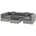 Ensemble salon de jardin 7 pi�ces modulables table basse plateau verre tremp� coussins d�houssables inclus ...