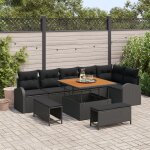 Ensemble de salon de jardin 9 pi�ces avec coussins noir poly rattan acacia, canap� de jardin 2 places ...