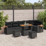 Ensemble de salon de jardin de 9 pi�ces avec coussins noir poly rattan acacia, ensemble de salle a manger ...