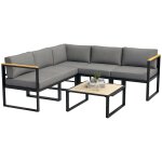 Ensemble salon de jardin d'angle 5 places design contemporain table basse coussins alu