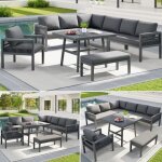 Ensemble salon de jardin - canap� d'angle en forme l 8 places - tress� main table marbre verre coussin ...