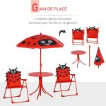 Ensemble salon de jardin enfant 4 pcs design coccinelle - table ronde + 2 chaises pliables + parasol ...