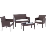 Ensemble salon de jardin ext�rieur 4 places en r�sine tress�e marron avec table basse et coussins 10 ...