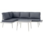 Ensemble salon de jardin modulable 4 personnes 3 pi�ces design m�tal cr�me coussins gris