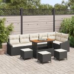 Ensemble de sofa de jardin 10 pi�ces avec coussins en poly rotin noir acacia, sofa de jardin 2 places ...