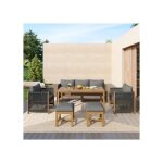 Ensemble table de jardin, canap� 3 places, 2 canap�s individuels, 2 tabourets, plateau en bois d'acacia, ...