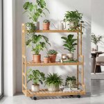 Etag�re a plantes en bambou hwc - q33, etag�re en escalier pour fleurs, 3 niveaux, roulettes, 105 x 90 ...