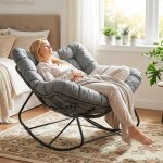 Fauteuil a bascule en rotin, chaise a bascule, chaise longue pour jardin, avec rembourrage epais amovible ...