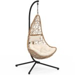 Fauteuil demi - lune suspendu ajour� effet rotin avec coussin ecru