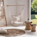 Fauteuil suspendu boh�me 2 coussins ecru design macram�