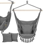 Fauteuil suspendu springos� avec coussins style br�silien, barre en bois et poche lat�rale