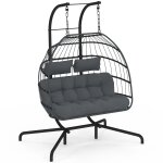 Fauteuil ?uf suspendu ajour� 2 places effet rotin gris avec coussin gris
