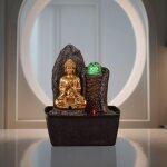 Fontaine zen bouddha et mur d'eau en résine marron et doré - h 25cm Fontaine zen bouddha et mur d'eau en résine marron et doré - h 25cm