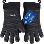 Gants anti chaleur pour le four et le bbq, noir, en silicone, doublure de coton