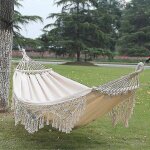 Hamac double en toile avec pompons et bton (rayures colores) 200 x 150 cm (blanc)