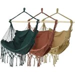 Hamac de jardin - prgn - 30 x 130 x 100 cm - polyester - bois - franges - marron sable / vert / rouge ...