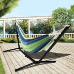 Hamac avec support m�tal et toile ray�e bleue et verte