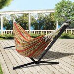 Hamac avec support m�tal et toile ray�e rouge et jaune