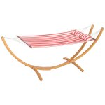 Hamac sur pied en bois - 1 place - bois teinte teck toile 100% coton rouge blanc ray�e