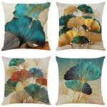 Housse de coussin carr�e moderne, taie d'oreiller d�corative, en sarcelle et feuilles d'or, ginkgo, d�coration ...