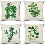 Housse de coussin d'ext�rieur, lot de 4, imperm�able, motif feuilles vertes, pour canap�, terrasse, jardin, ...