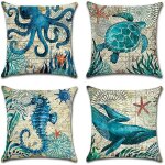 Housse de coussin d'ext�rieur, lot de 4, imperm�able, motif vie marine bleue, pour canap�, terrasse, ...