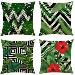 Housses de coussin g�om�triques a feuilles vertes, taie d'oreiller carr�e d�corative en lin, plante tropicale ...
