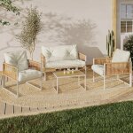 Idmarket salon de jardin bas rio 4 places structure m�tal blanc, cordage rotin clair et coussins beige ...