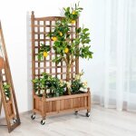 Jardinire 127 cm en bois sapin costway, roues verrouillables, bac a fleurs avec treillis pour plantes ...