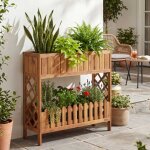 Jardini�re sur pied hwc - p83, bac a fleurs / plantes, etag�re a fleurs, pour l'ext�rieur, en bois d'acacia ...