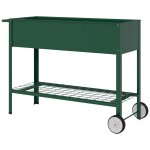 Jardini�re sur pieds potager dim. 109l x 44l x 80h cm etag�re 2 roues + insert d�irrigation m�tal vert ...