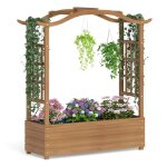 Jardinire surleve en bois massif costway, toit suspendu 2 treillis latraux bac de jardin pour fleurs ...