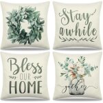 Kalanka - lot de 4 housses de coussin guirlandes eucalyptus vase d�coratif taies d'oreiller vertes plantes ...