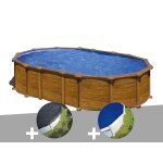 Kit piscine acier aspect bois gr amazonia ovale 6, 34 x 3, 99 x 1, 32 m + bche d'hivernage + bche ...