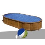 Kit piscine acier aspect bois gr amazonia ovale 7, 44 x 3, 99 x 1, 32 m + bche  bulles