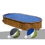 Kit piscine acier aspect bois gr amazonia ovale 7, 44 x 3, 99 x 1, 32 m + bche d'hivernage + bche ...