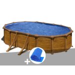 Kit piscine acier aspect bois gr� mauritius ovale 6, 34 x 3, 99 x 1, 32 m + b�che � bulles