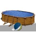 Kit piscine acier aspect bois gr� mauritius ovale 6, 34 x 3, 99 x 1, 32 m + b�che hiver